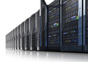 Row of network servers in data center